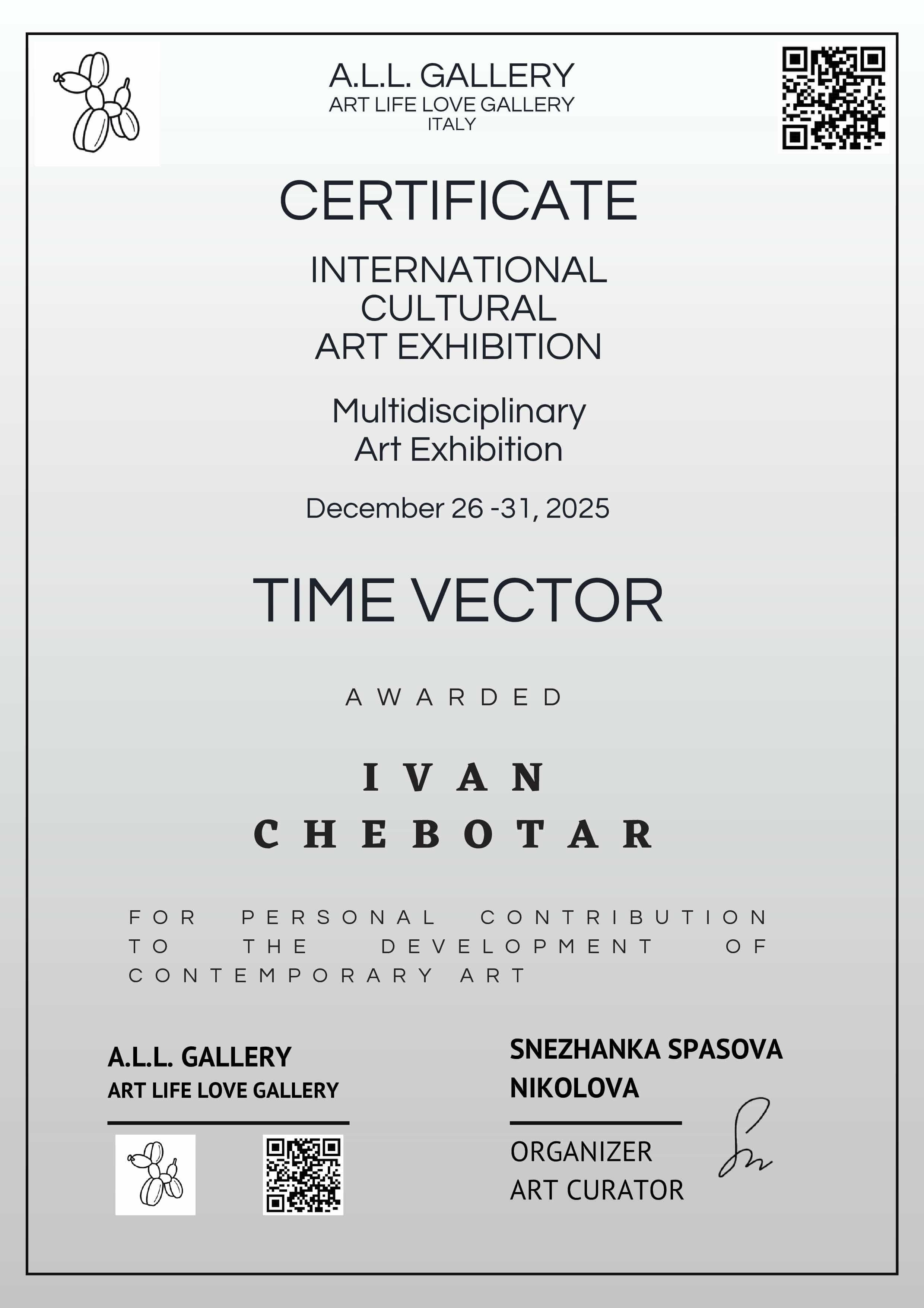 certificate 2025, For Personal Contribution to the Development of Contemporary Art in Art Life Love Gallery